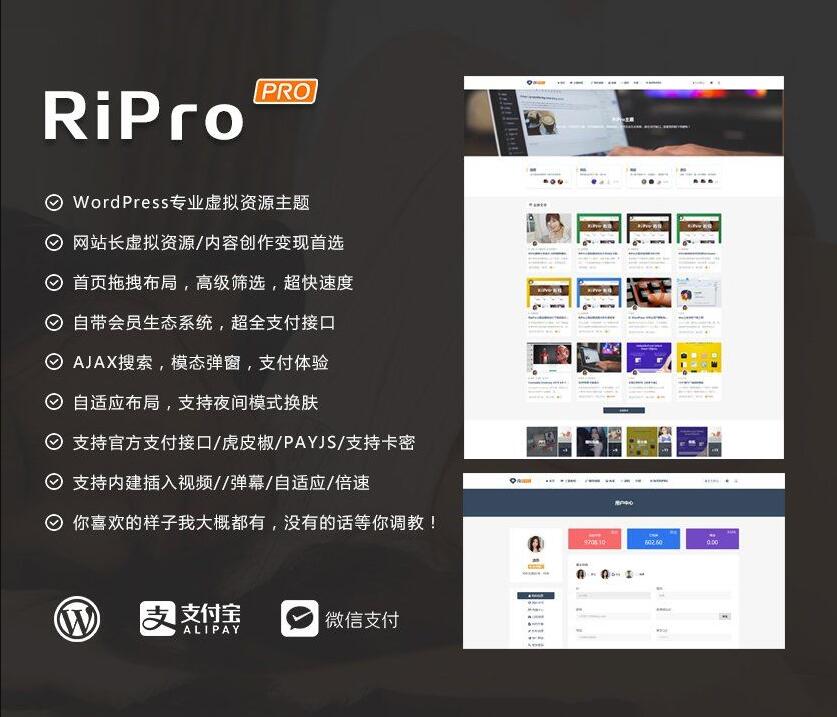 RiPro主题v8.6 WordPress主题+无限制版+新增讯虎支付+自带会员生态系统+自适应布局